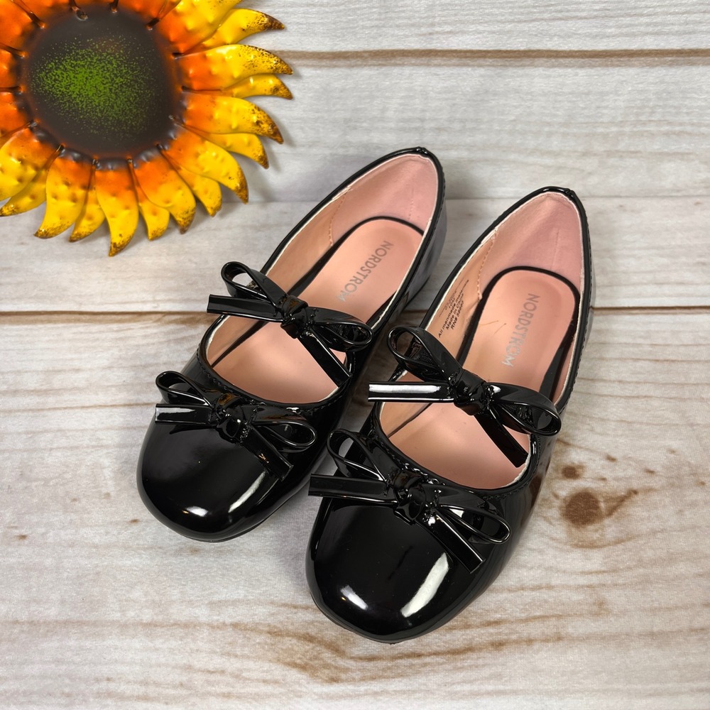 Nordstrom Noelodie Black Patent Mary Jane Bow Flats Kids Shoes Dress Bows 10